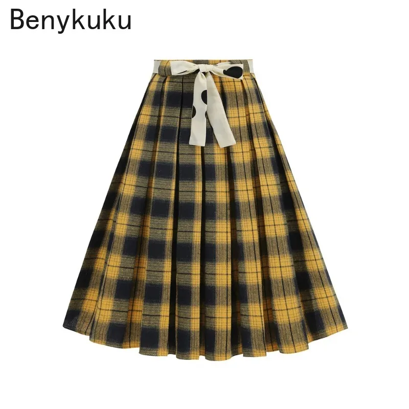 

Желтая клетчатая винтажная плиссированная юбка с высокой талией и поясом, элегантная женская одежда 1950-х, 60-х годов, ретро-одежда, осенне-зимние вечерние юбки-миди