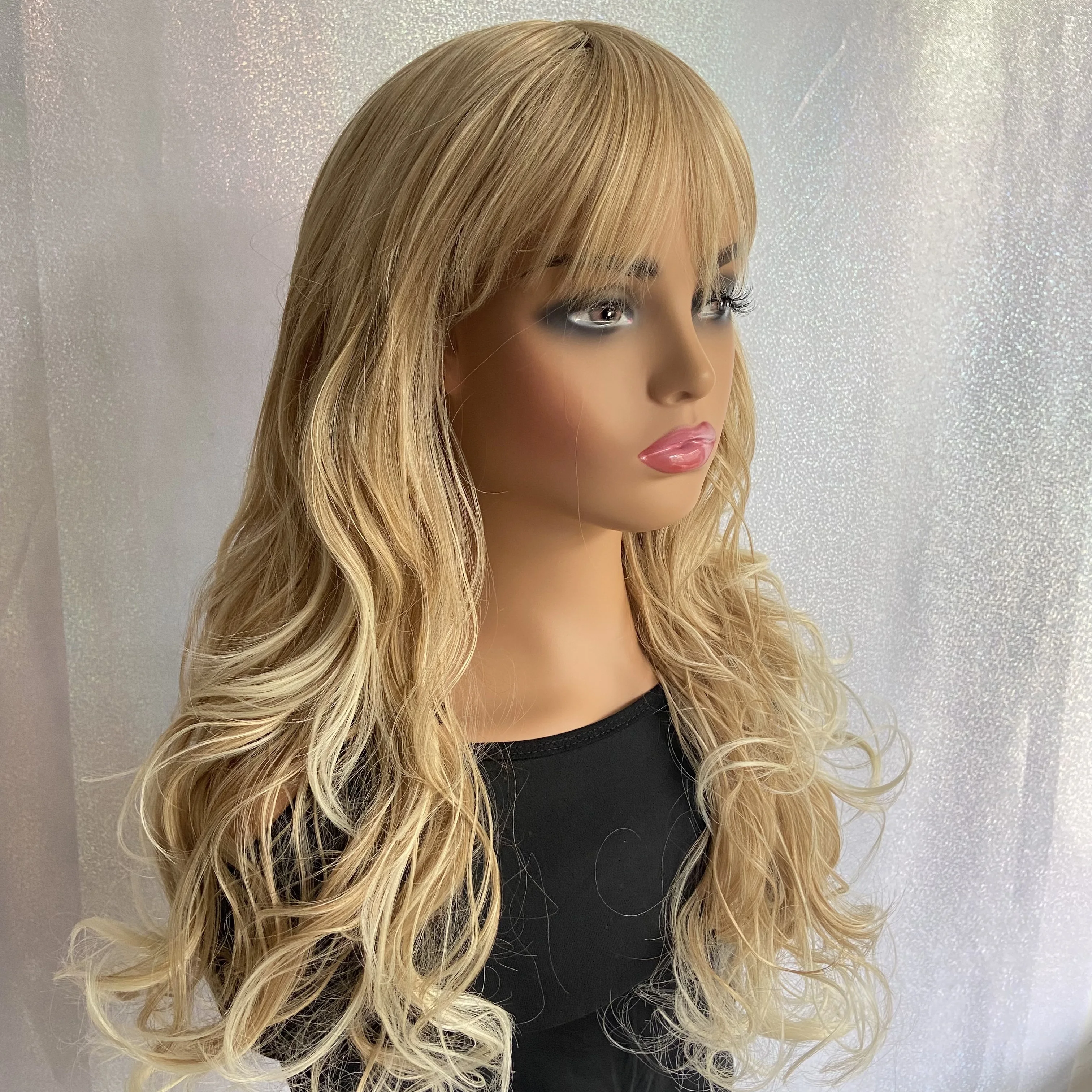 Fashiomag Long Wavy Blonde Mix Human Hair Blend Synthetic Heat Ok Wigs Women Soft Natural Daily Curly Wigs With Bangs