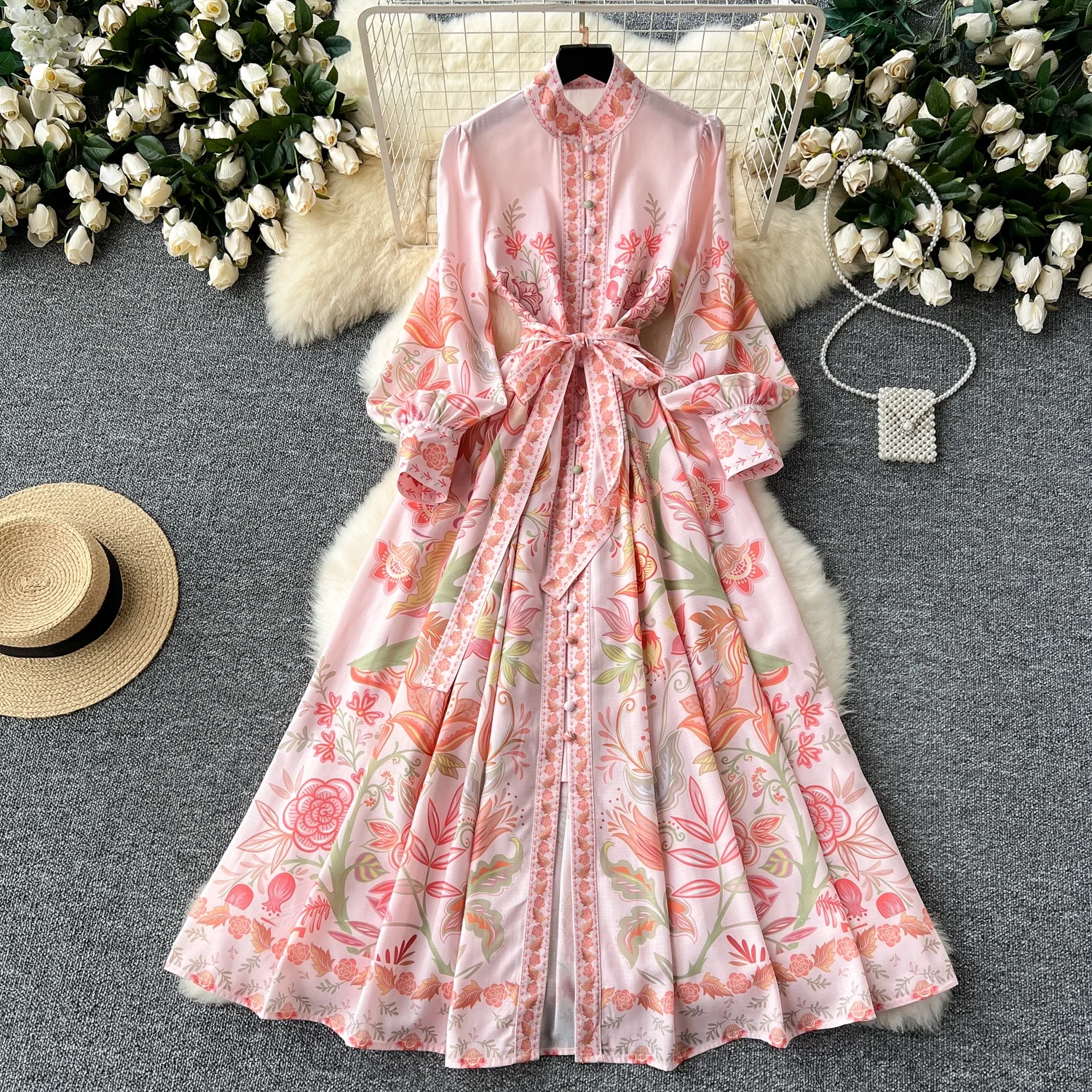 

Clothland Women Elegant Pink Floral Shirt Dress Lantern Sleeve Belt Single Breasted One Piece Cute Maxi Long Dresses QD609