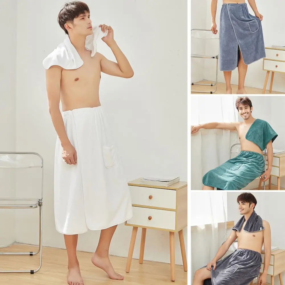 Men Bath Skirt Towel Soft Touch Towel Men’s Adjustable Bath Towel Wrap Set with Pockets Wearable Absorbent Shower for Gym