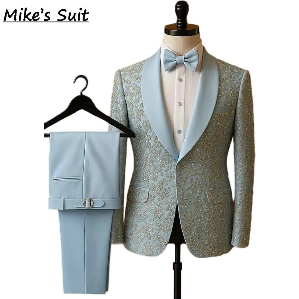 Light Blue Appliques Beading Men's Suit 2-Pieces Jacket And Pants Business Slim Fit Man Suits Set For Wedding Evening Party