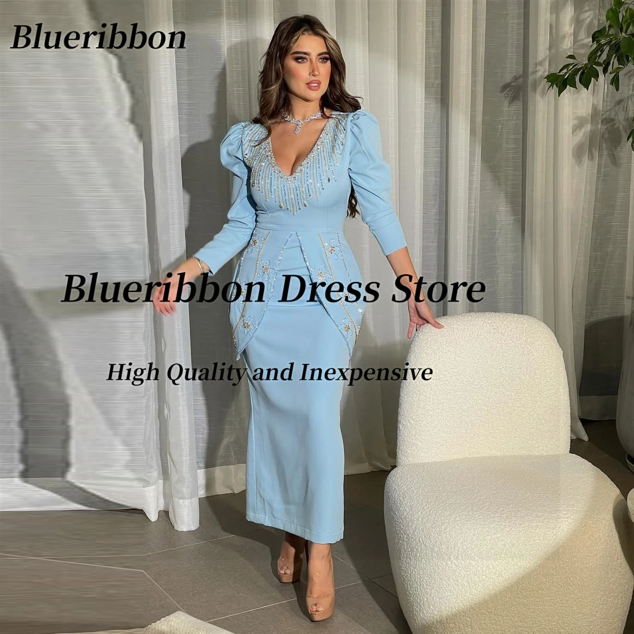 

Blueribbon V-образным вырезом Пром платья Бисероплетение Свадебное платье с длинными рукавами на молнии сзади с разрезом до щиколотки Вечерние платья по индивидуальному заказу