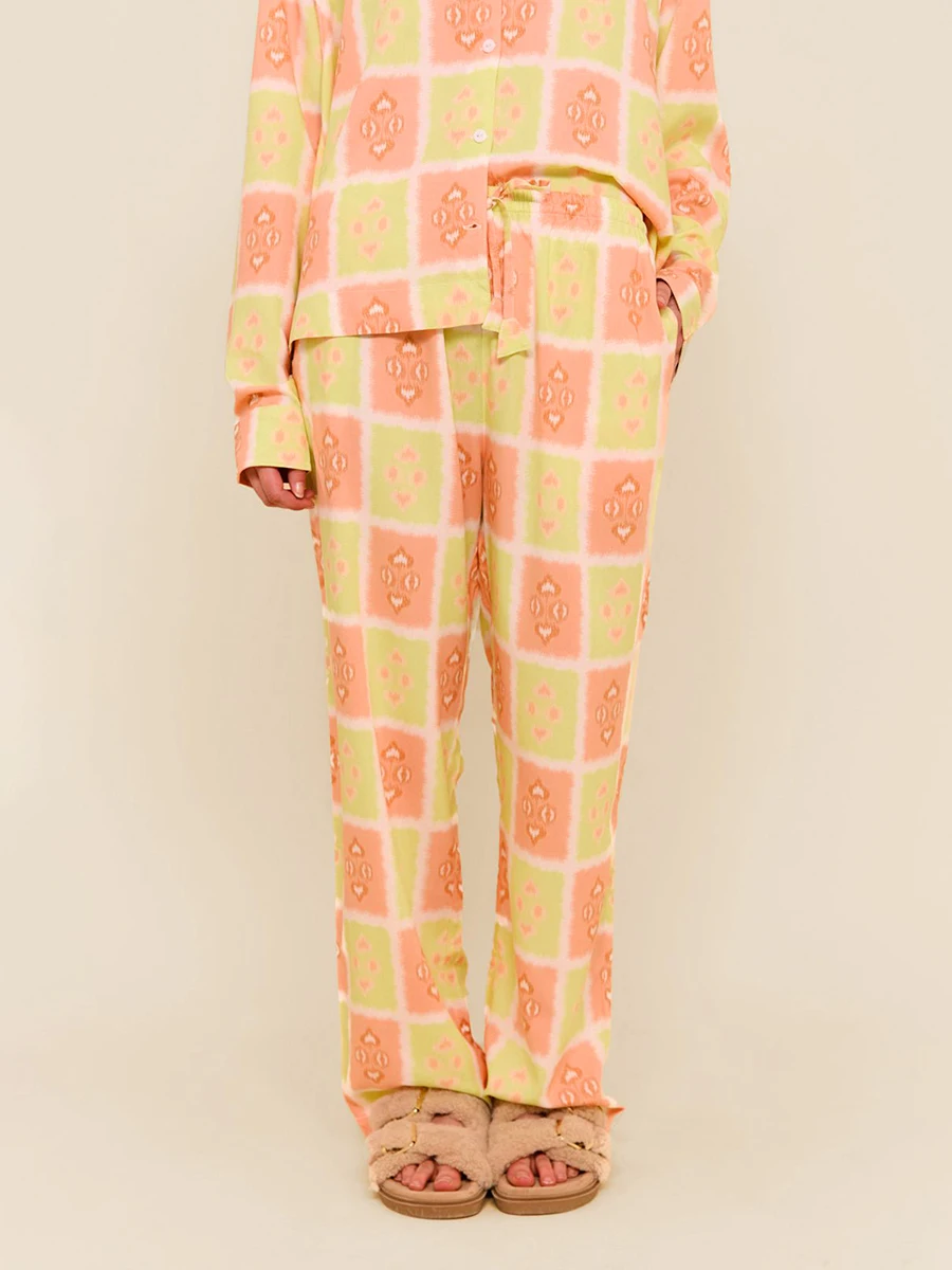 Womens Fall Pajama Set Checkered Long Sleeve Button Down Tops Drawstring Long Pants 2 Piece Sleepwear Outfit