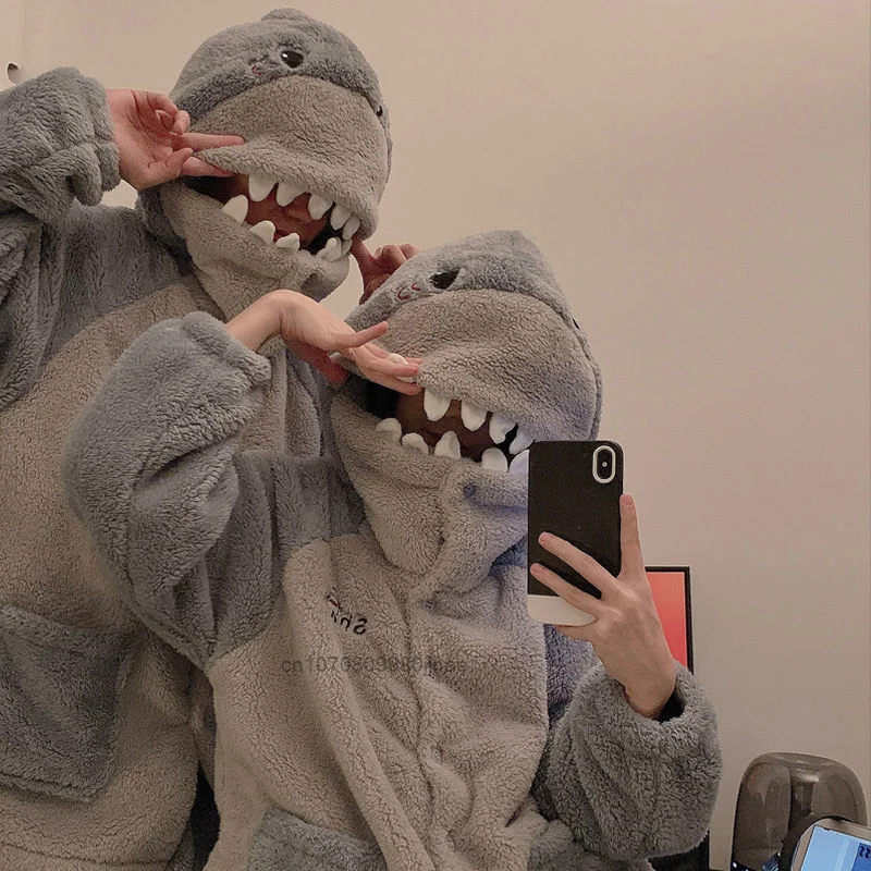 Winter Cartoon Fashion Pajamas Plush Warm Thicked Couples Home Clothes Women Shark Hooded Pajama Sets Funny Trendy Pyjama Outfit