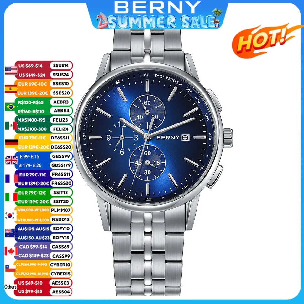 

BERNY Chronograph Watches for Men 24-hour Dial MIYOTA OS10 Multi-function Stainless Steel Sapphire Sport Quartz Wristwatch Men