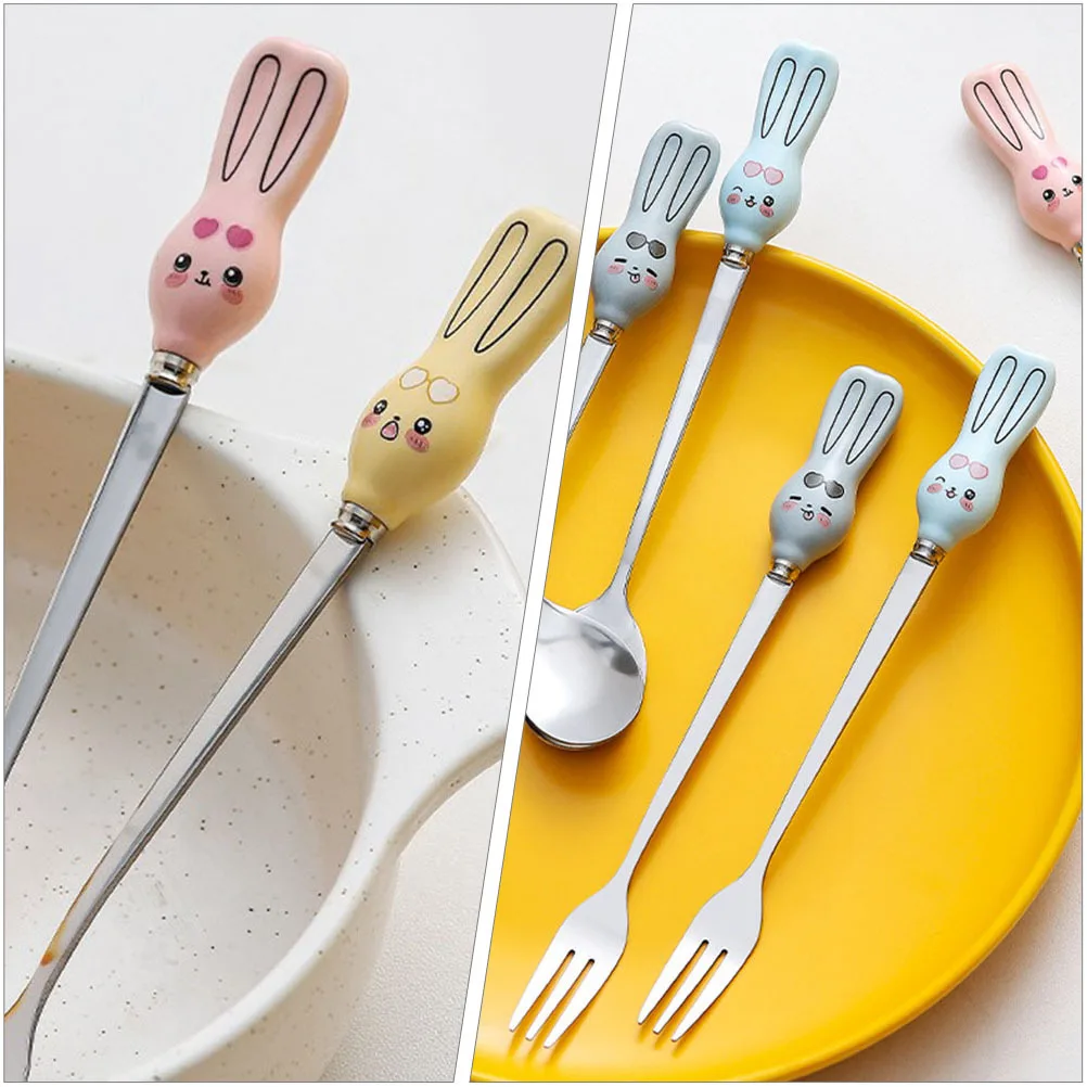 

1Set Cartoon Stainless Steel Fork Spoon Set Ceramic Handle Compact Lightweight Kids Toddler Lunch Travel Utensils