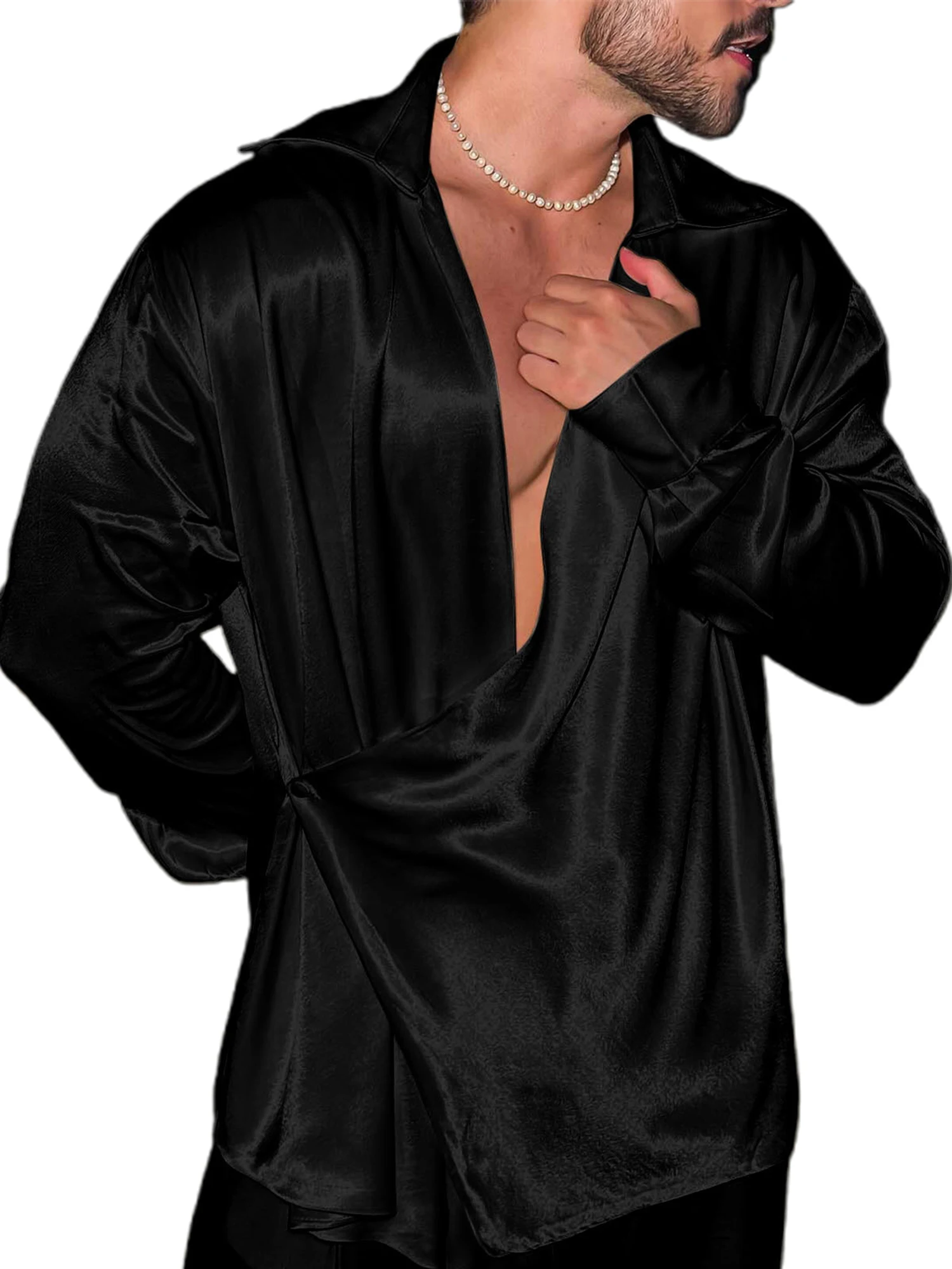 

Мужская осенняя блестящая атласная рубашка, однотонные топы свободного покроя с длинными рукавами и лацканами с v-образным вырезом