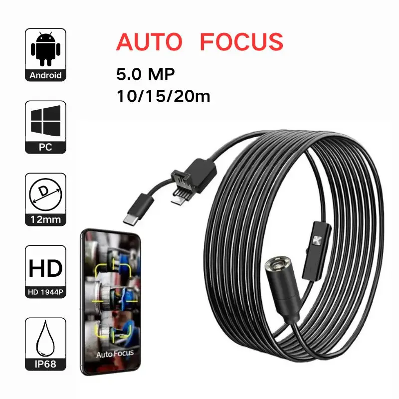 12mm Auto Focus HD1944P Endoscope for Cars Android Phone 3in1 5MP Mini Sewer Inspection Camera Endoscopy Usb Borescope 10/15/20m