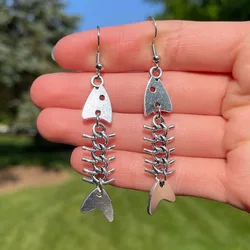 Barbed Wire Fish Skeleton Dangle Earrings Novelty Unique Funky Whimsical