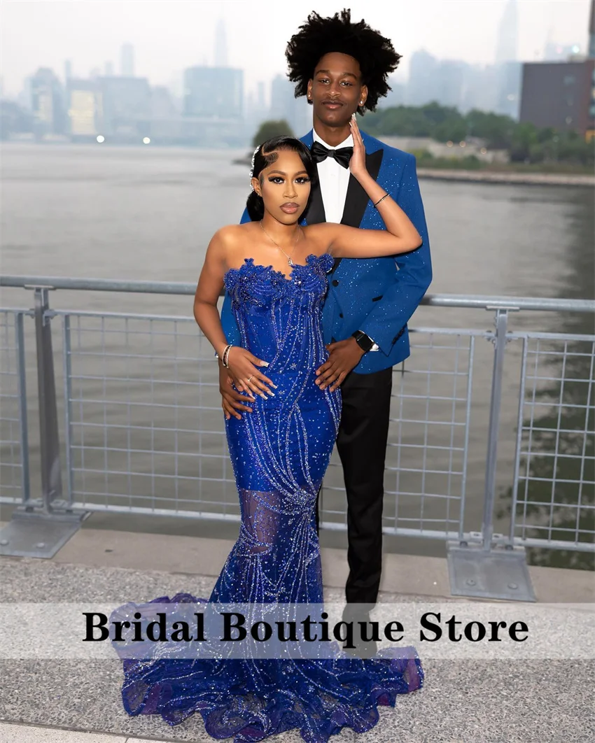 Glitter Royal Blue Mermaid Prom Dress 2025 Crystal Rhinestones Gems Bead Birthday Party Evening Gown Customized image 4