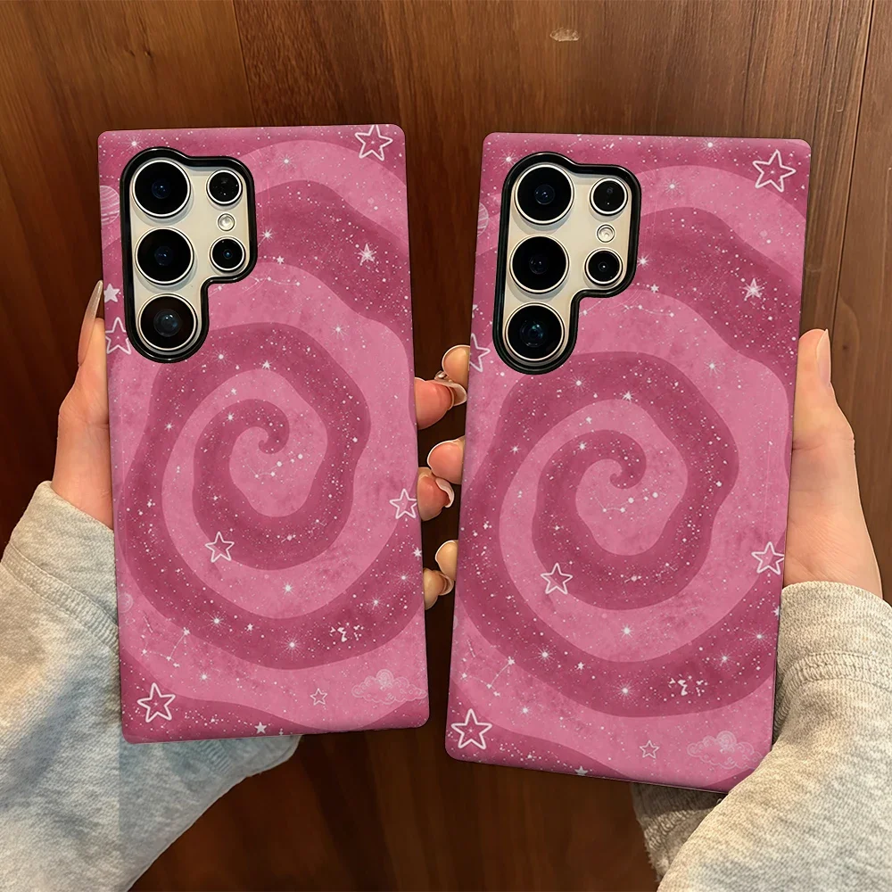 Pink Swirl White Stars For Samsung Galaxy Phone Case S23 S20 S25 FE S24 Plus S26 Ultra 2-IN-1 Shockproof Bumper Hard PC