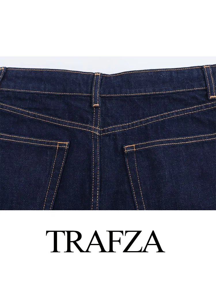 TRAFZA-Mini saia jeans linha A feminina, cintura alta, decoração de bolsos, curto, moda feminina, verão