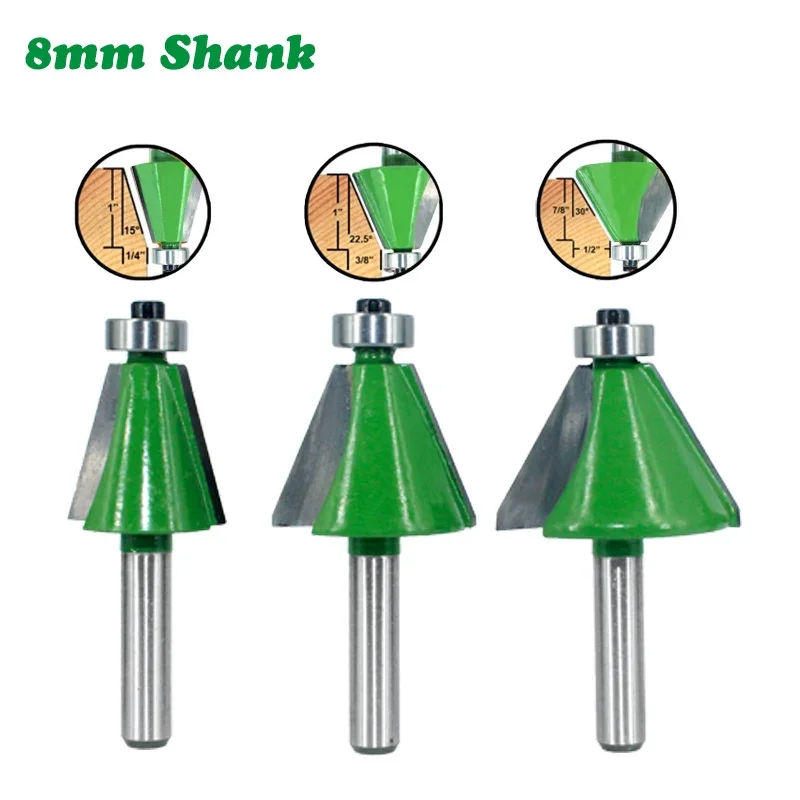 

3 шт./компл., 8 мм, фреза с хвостовиком, резьба по дереву, 15 22,5, 30 градусов, фрезы с фаской, деревообрабатывающие фрезы, станки, фрезы