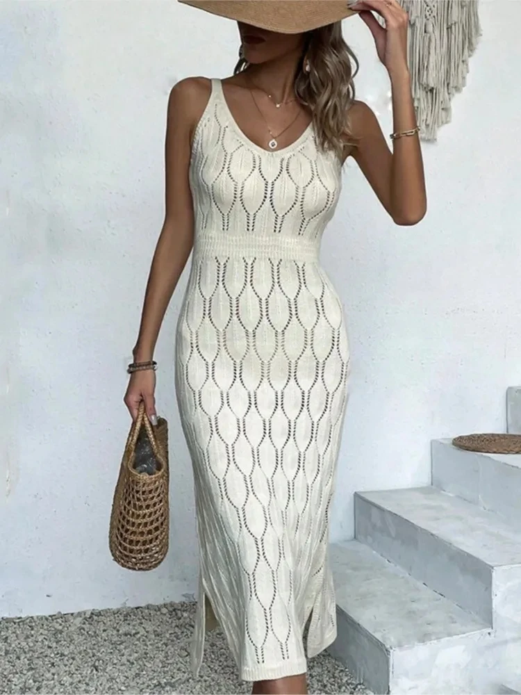 

Sexy Sleeveless Knitted Long Dress Beach Bikini Swimsuit Cover Up Summer New Beach Dress Women Solid Color Hem Slit Dress