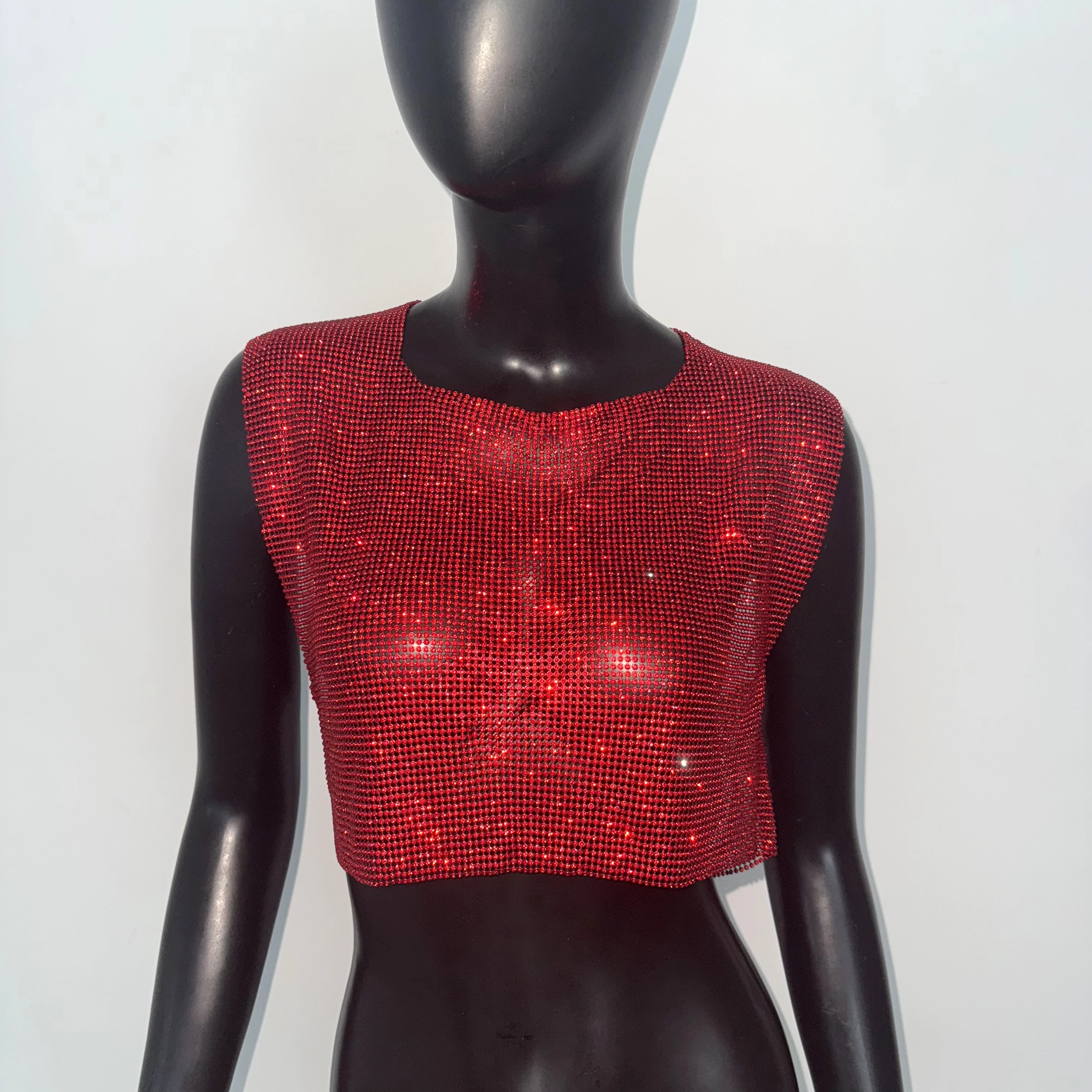 Red Shiny Rhinestone Women Tank Top Sexy Hollow Out Metal Sequins Backless Sleeveless Crop Top Rave Festival Party Camisole