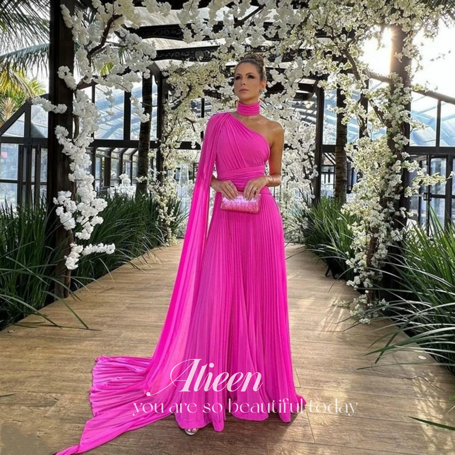 Aileen Long Dress Chiffon Bridesmaid Woman One Shoulder Evening Dresses Women Rose Red Formal Shawl Gala Luxurious Women\'s Bride