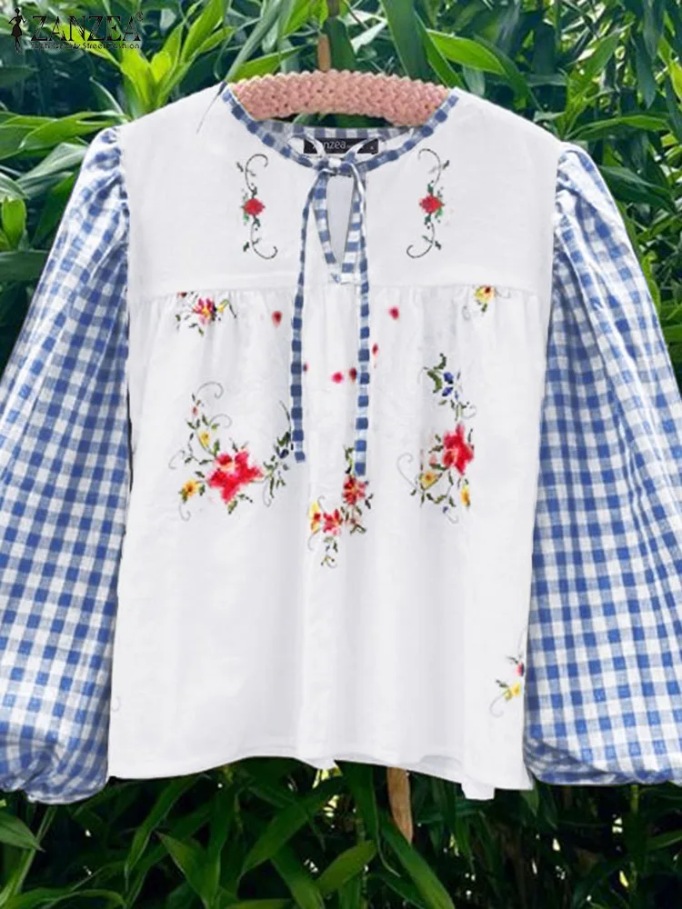 

ZANZEA Women Casual Gingham Patchwork Blouses 2025 Autumn Round Neck Long Puff Sleeve Blusas Mujer Holiday Floral Printed Tops