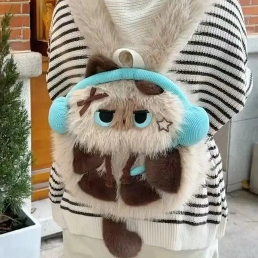 Mochila de Felpa con Diseño de Gato Siamés Kawaii, con Audífonos, Linda Bolsa de Hombro con Simulación de Animal, Aspecto Realista, Suave, para Estudiantes