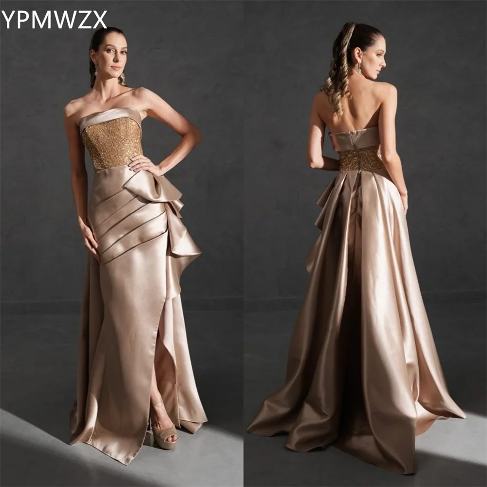 Customized YPMWZX Strapless A-line Floor length Skirts Sequin Draped Bespoke Occasion Dresses