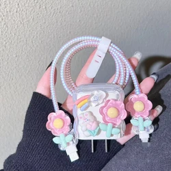 Flowers Protector Case For iPhone 11 15 14 13 12 16 Pro Max 18W/20W TPU Cable Organiser Bite Cord USB Cable Charging Head Winder