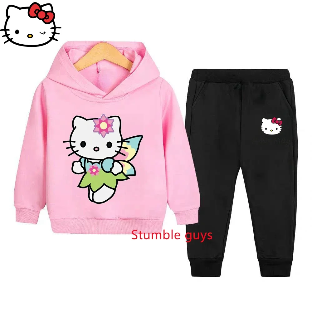 

Детский спортивный костюм Sanrio Hello Kitty, осень-зима, теплая толстовка с капюшоном и штаны с героями мультфильмов аниме, повседневная детская одежда