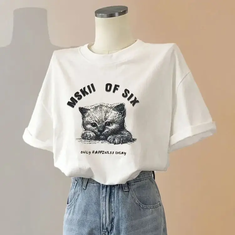 

American Retro Pure Cotton White Cat Print Short Sleeved T-shirt for Women Summer 2024 New Small Loose Casual Half Sleeved Top