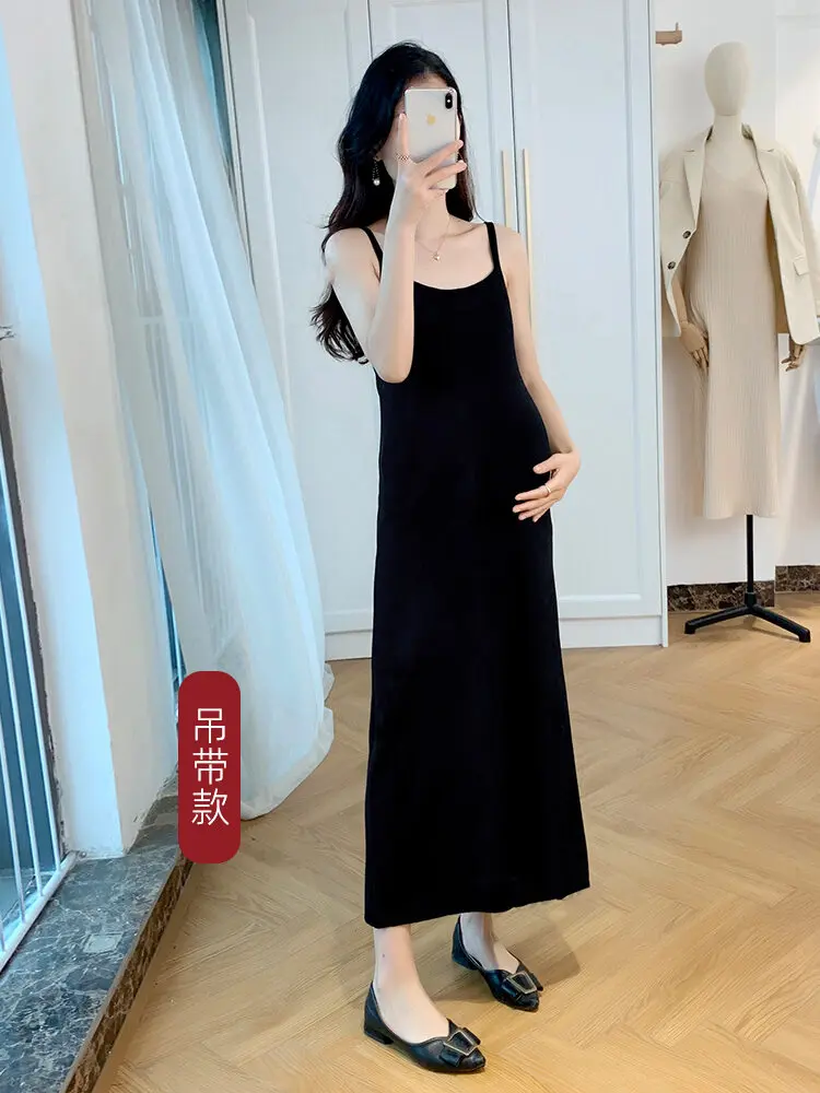 Early Autumn Camisole Maternity Dress Knitting Black Dress Women's 2024 New Arrival Plus Size Ladies Pendant Fancy Long Dress