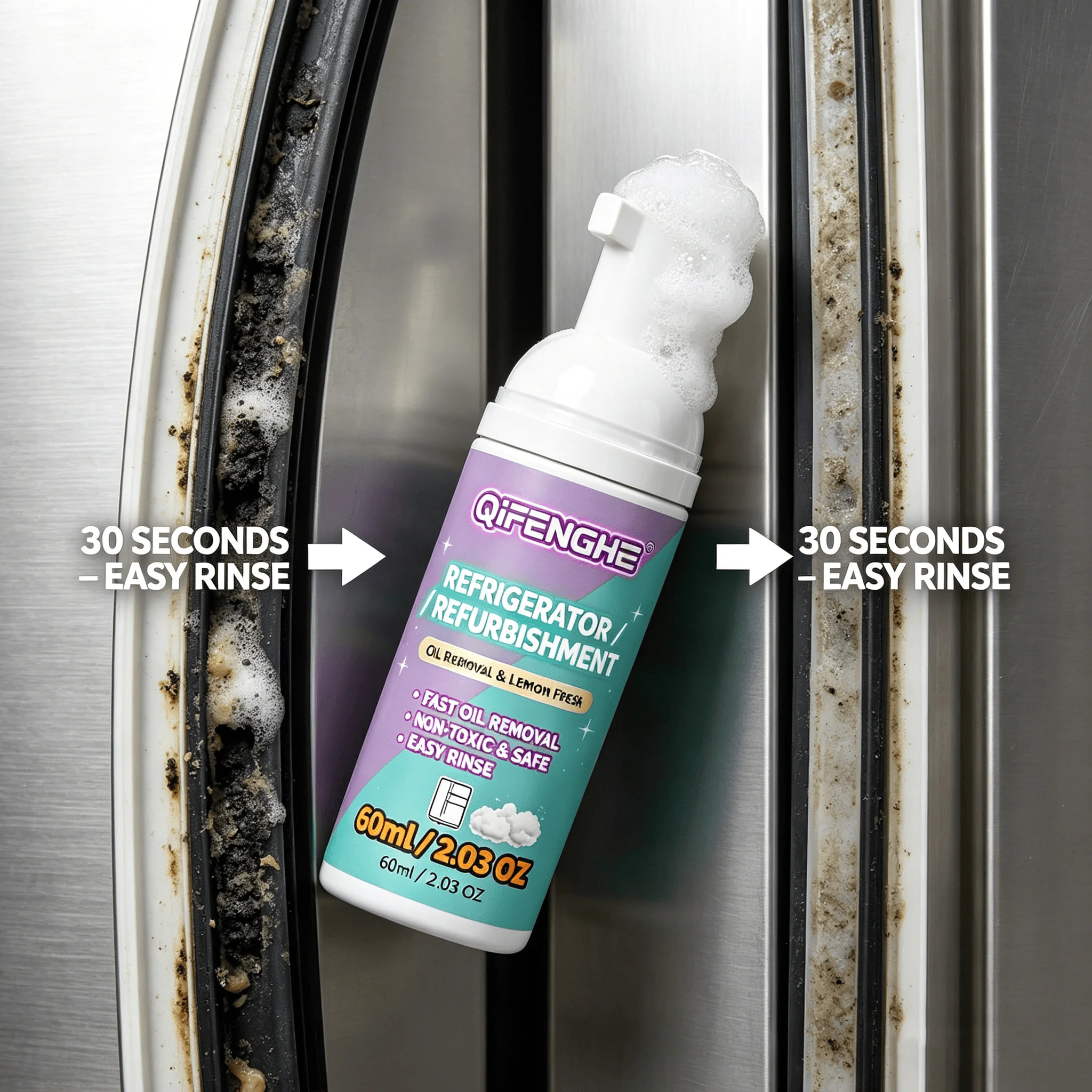 Fridge Cleaner 60ml – Lemon Foam, Fast Oil & Grease Remover, Easy Rinse, Non-Toxic & Food Safe
