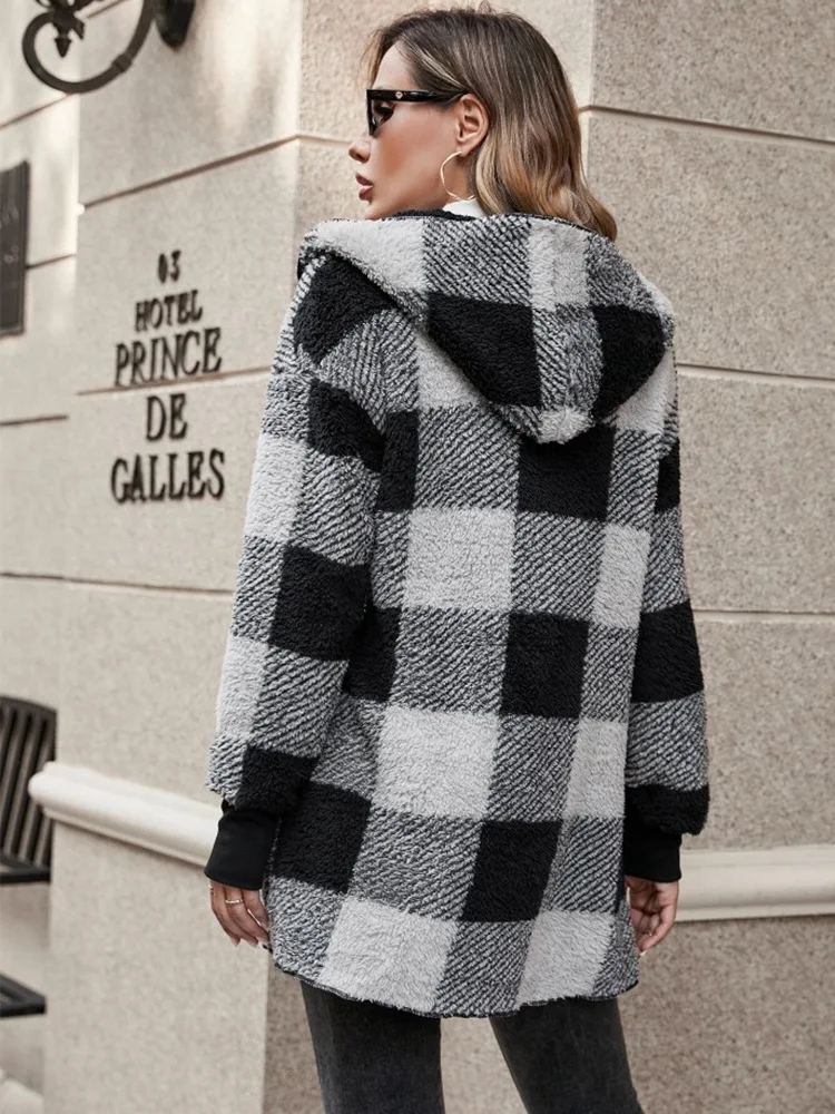 Elegant Plaid Flannel Jacket Coat Women Autumn Winter Fashion Long Sleeve Cardigan Coats Casual Loose Jackets Ladies