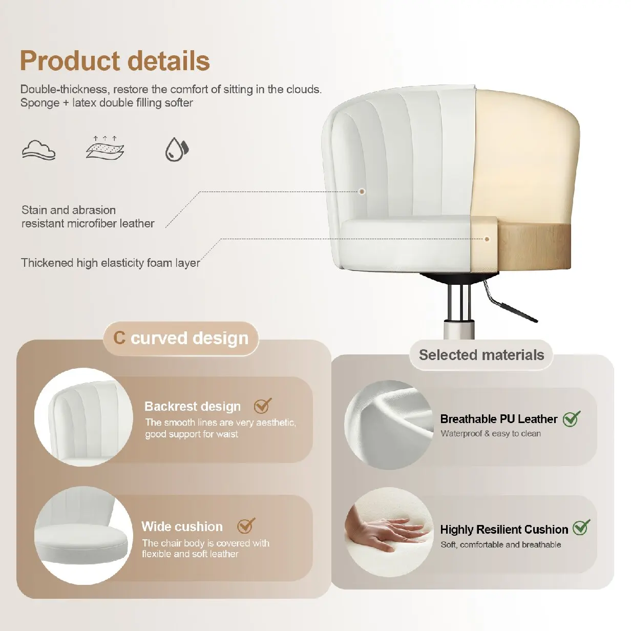 Small Round Rolling Desk Chair Armless Comfy Vanity  with Low Backrest PU Leather Height Adjustable Swivel Work Spa Chair image 5