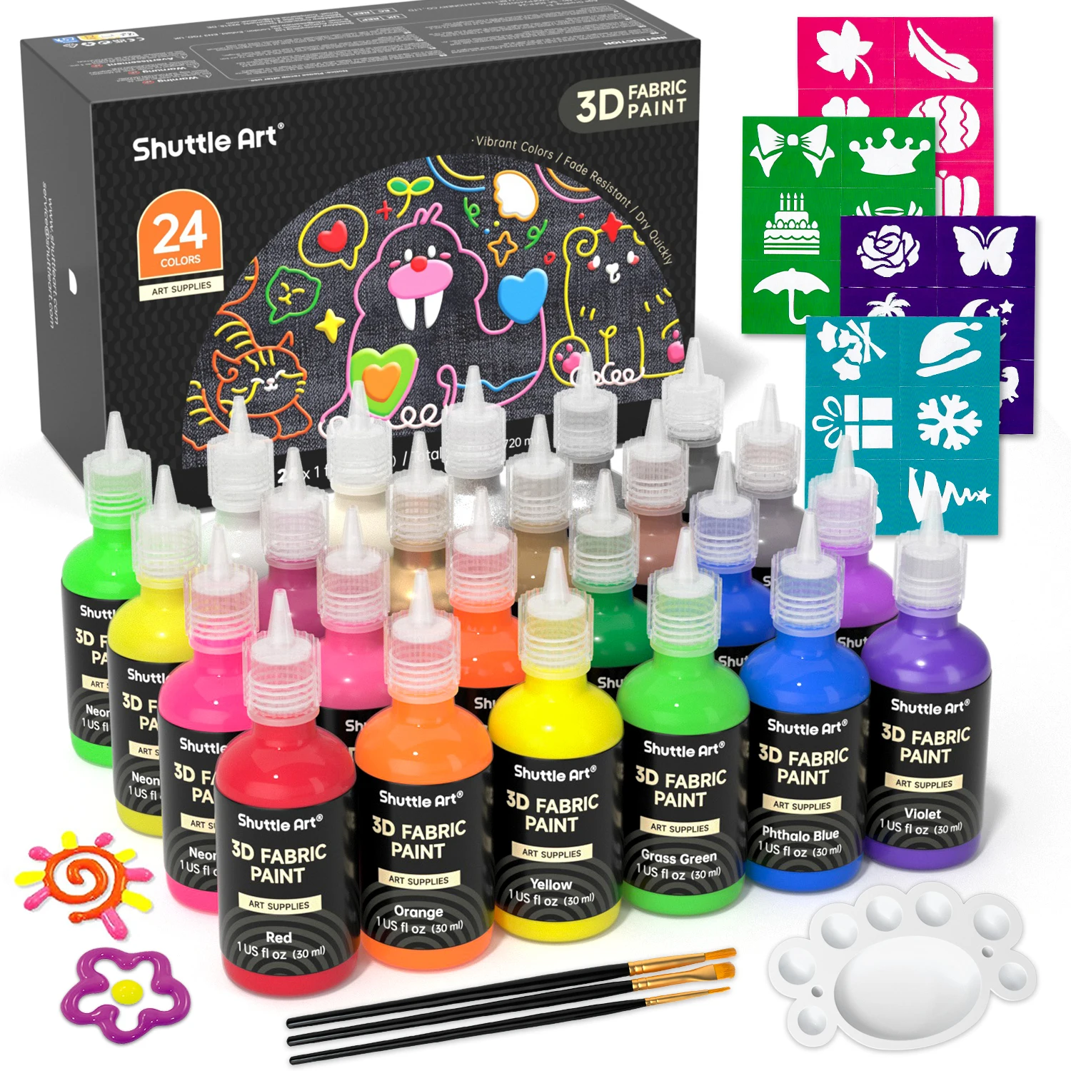 24 Colors Shuttle Art Fabric Paint 3D Permanent Paint with Brushes Palette Pen Fabric Sheet Stencils, Glow in The Dark, Glitter, Metallic Colors for Textile Fabric T-shirt Jeans Glass