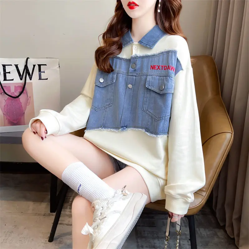 Fashion Spliced Pockets Embroidery Sweatshirts Female Clothing 2023 Autumn Winter Loose Casual Tops Fake Two Pieces Sweatshirts