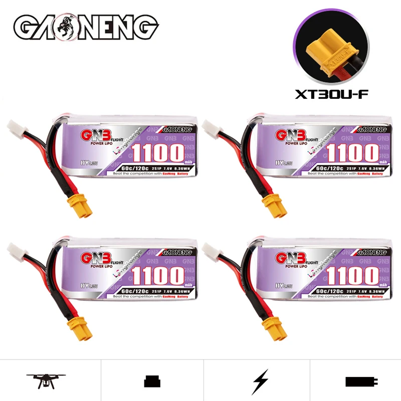 GNB-Bateria Lipo para Racing Drone, 2S, 7.6V, 1100mAh, 60C, 120C, XT30 Plug, FPV Quadcopter, Helicóptero, Peças de avião, Hobby