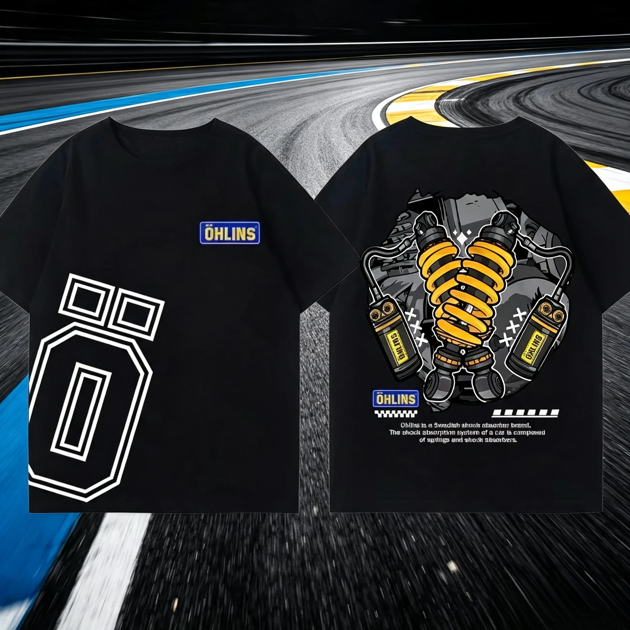 OHLINS Motorcycle Shock Absorber Modified T-shirt Clothes Trendy Brand Men's Women's Car Club Comfortable and casual