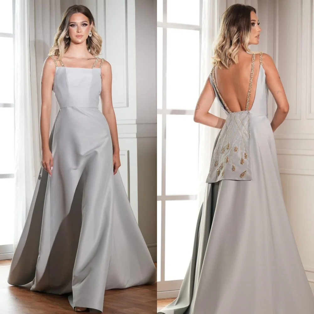 

Customized Modern Style Exquisite Charmeuse Sequined Pleat A-line Spaghetti strap Long Dresses Bespoke Occasion Dresses Elegant