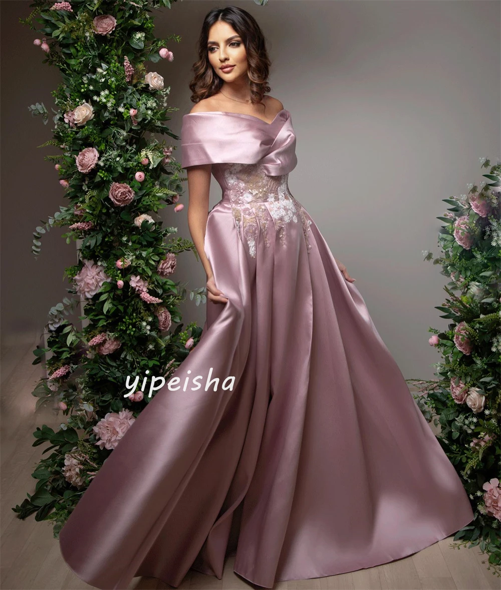 Customized Satin Applique Sequined Draped Evening A-line Off-the-shoulder Bespoke Occasion Gown Long Dresses