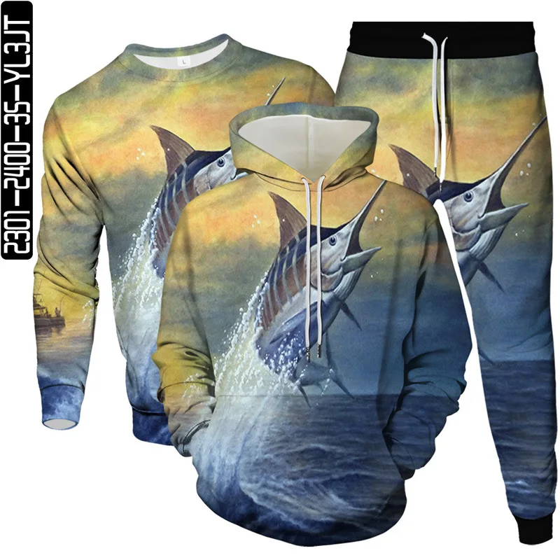 

4XL 5XL 6XL Plus Size Men's Clothing Tracksuit 2025 Spring Animal Fish Dolphin Shark Print Male 3Pcs Set Hoodies Sweatshirt Pant