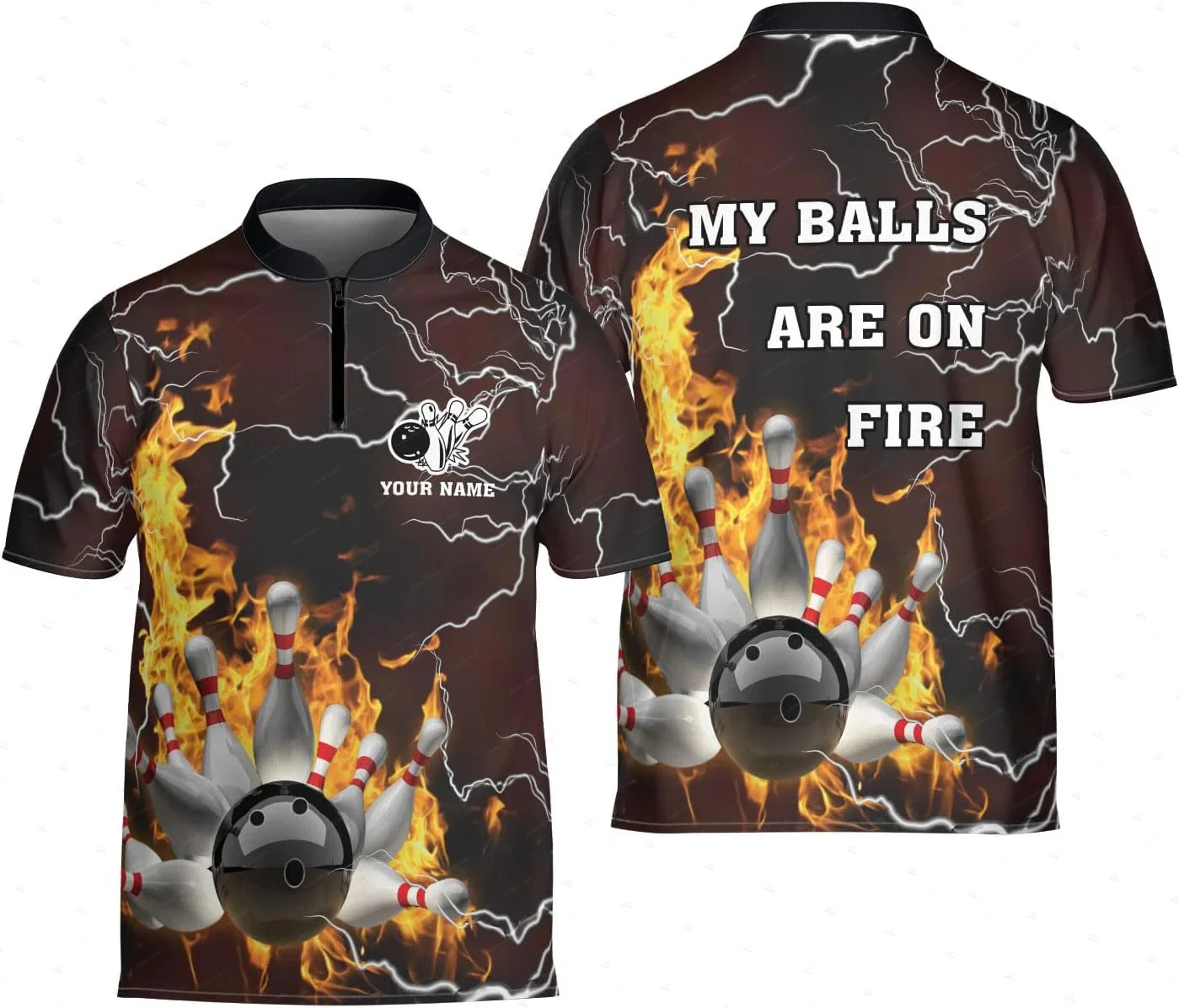 Custom Name Mesh Breathable Bowling Flame Ball Graffiti Vintage 3DPrint Harajuku Summer Short Sleeve Zipper Polo Jersey Shirts T