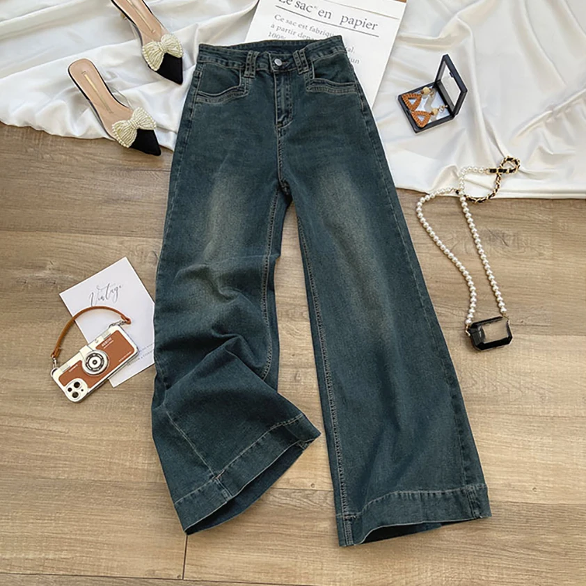 

Vintage Dark Blue Denim Pants for Women High Waist Straight Wide Leg Jeans Spring Autumn Versatile Casual Loose Trousers