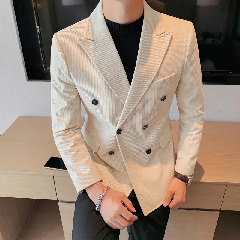 

2023 Spring Corduroy Blazers Men British Style Double Breasted Business Suit Jackets Wedding Casual Social Groom Men Clothing