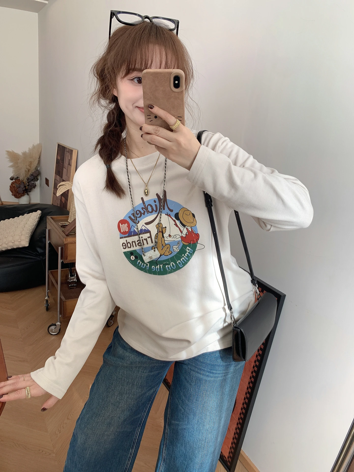 

Thiened Long Sve Fce Plu Inner Wear T-irt Women's Casual Sle Printed Loose Fit Base Layer irt for Winter