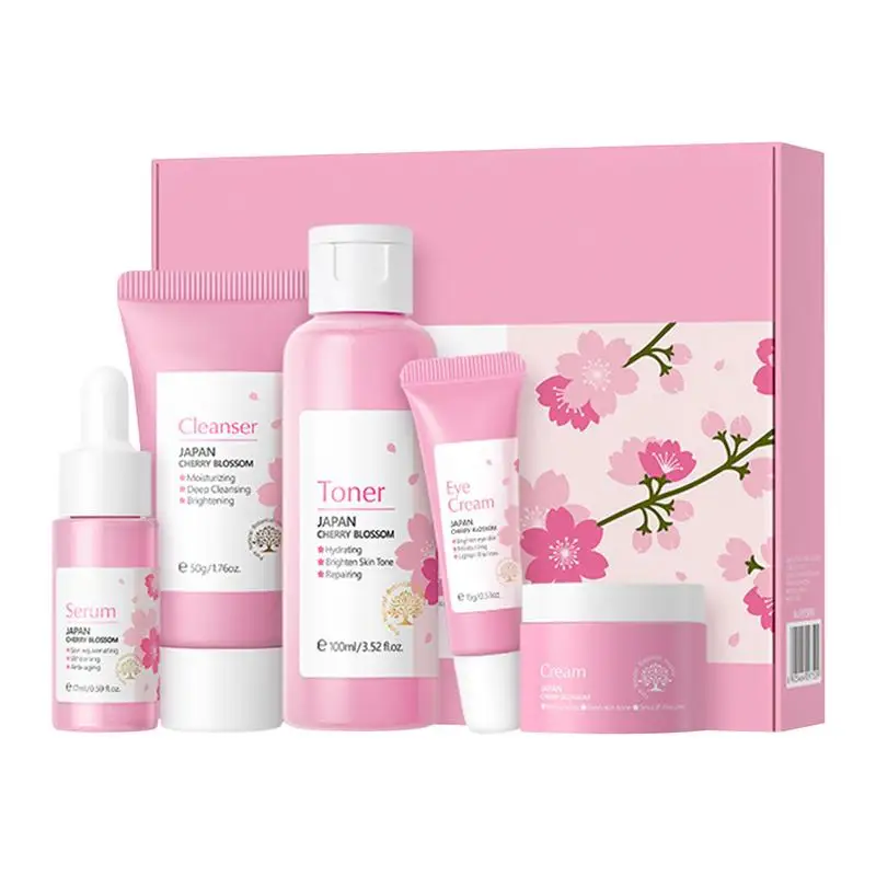 NEW 5PCS Gift Box Cherry Blossom Sakura Skin Care Set Eye Cream Serum Facial Cleanser Toner Facial Cream Beauty Makeup product