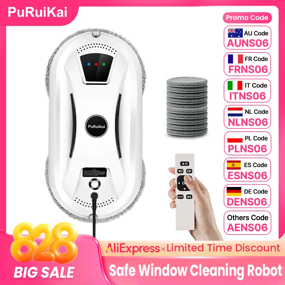 PuRuiKai AI Window Cleaning Robot Smart Automatic Cleaner Streak-Free for Windows/Tiles/Glass Doors Self-Cleaning Ultra Quiet
