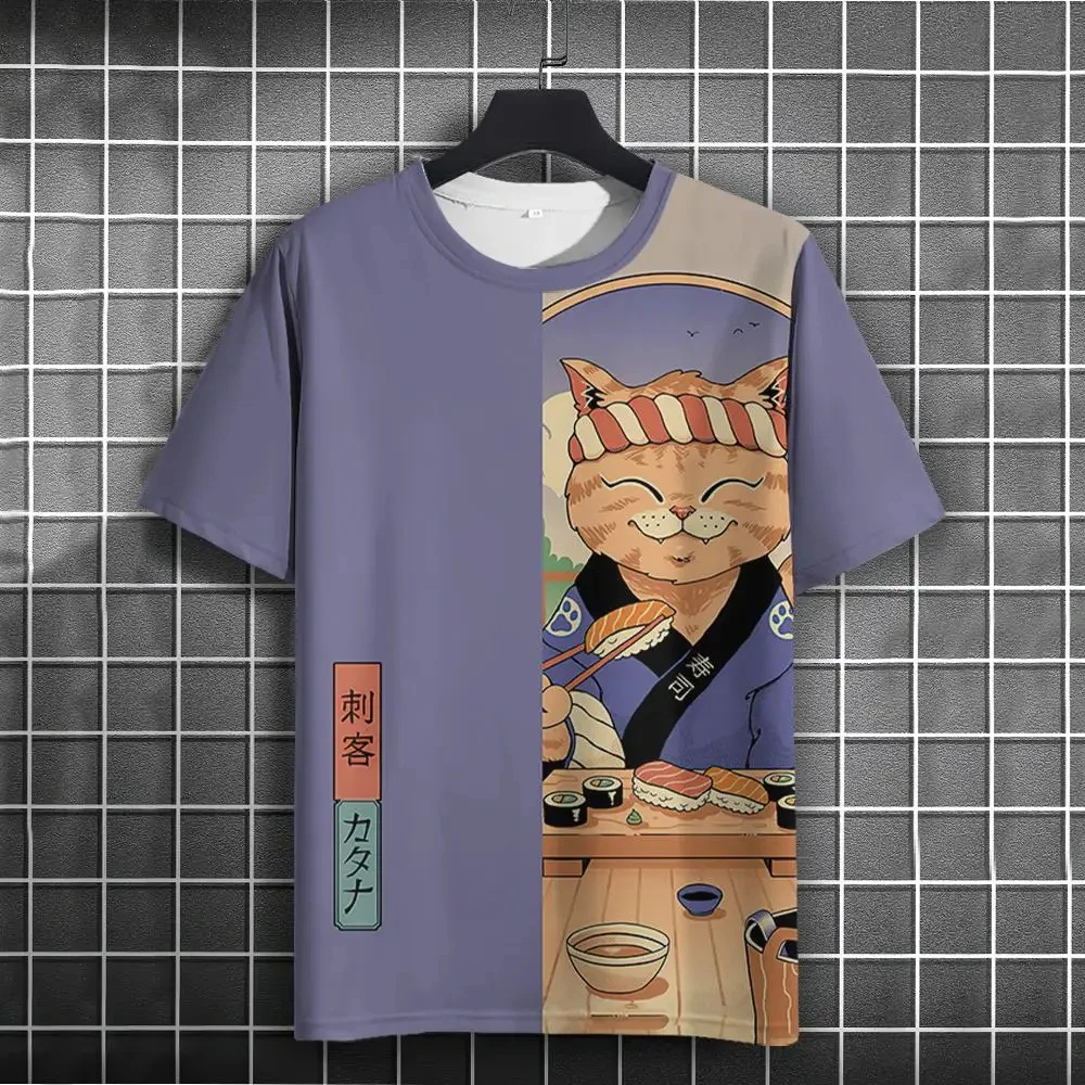 2024 T Shirt Men  Japanese Samurai Cat 3d Printed T Shirts For Casual Fashion Funny Shirt Top Tee Men Clothing