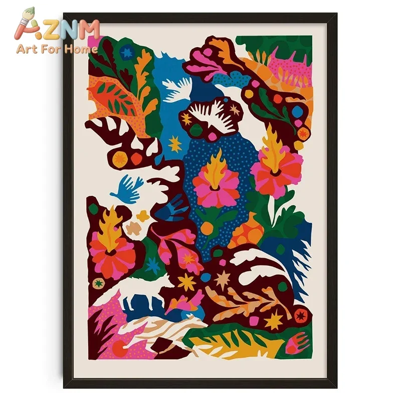 

AZNM Colorful Tropical Jungle Canvas Wall Art Print, Frameless Single Panel Boho Abstract Illustration, Vibrant Floral & Animal