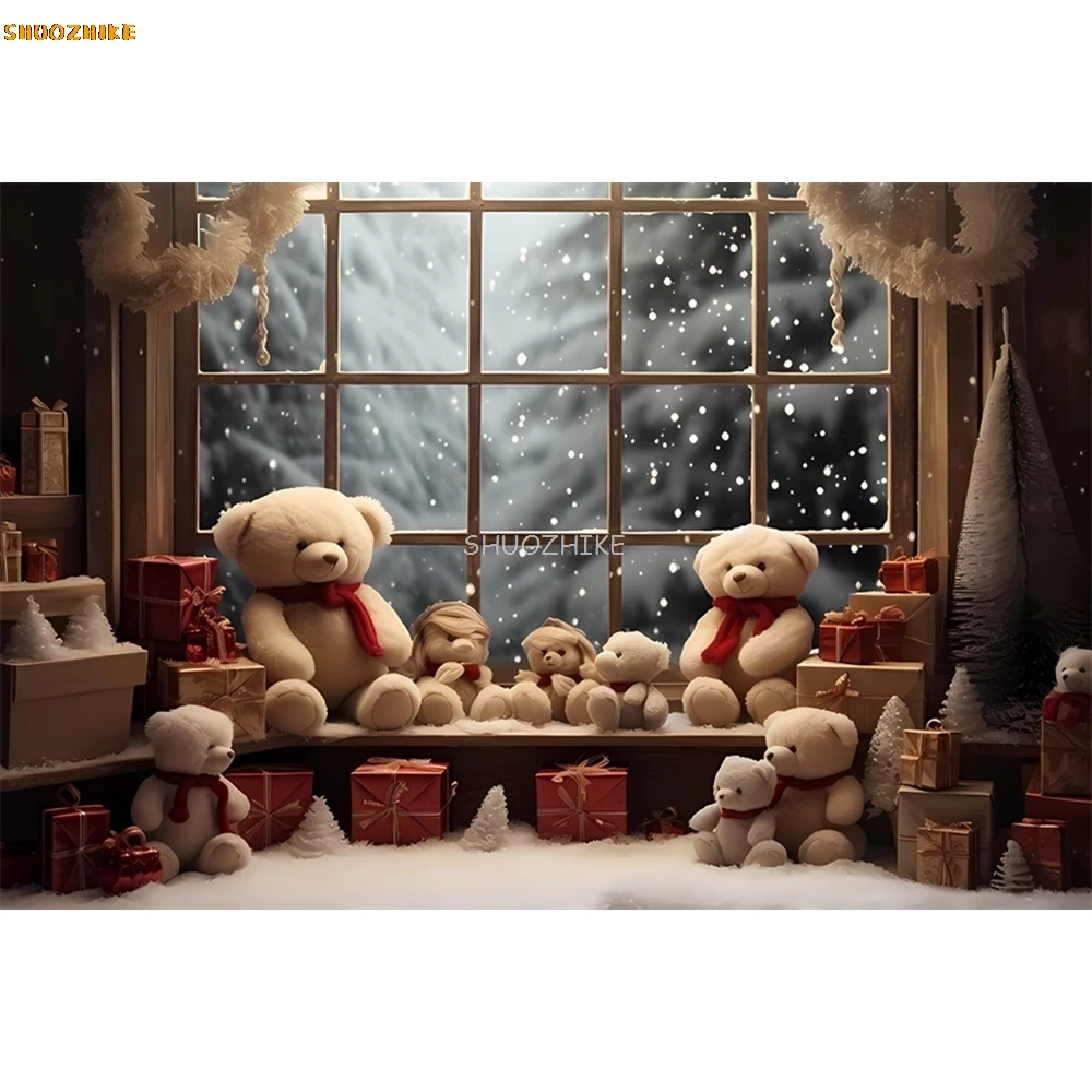 Winter Christmas Decoration Background Xmas Shop Gift Boxes Teddy Bears Backdrop Kids Portrait Photo Studio Props Party Supplies