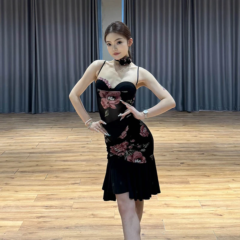 Vêtements de danse latine pour femmes adultes, body Sexy à bretelles, jupe irrégulière, robe de danse Rumba, vêtements de Performance pour Club Salsa, VBH1522