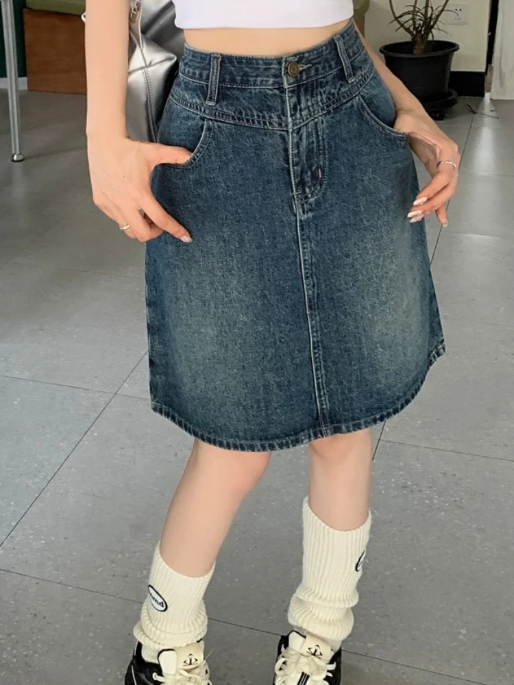 Denim Skirts Women Summer Vintage High Waist Casual A-line Knee-length Simple Fashion Slim Bleached Fit Elegant Streetwear Basic