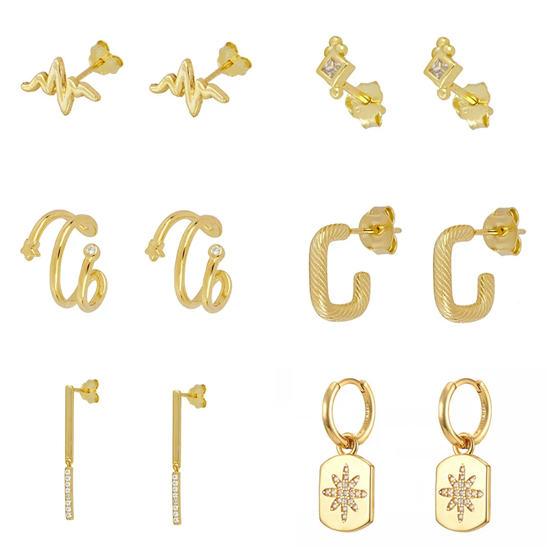 JINFU Gold Plated Earrings Set For Women Boho Style CZ Zircon Women\'s Clip Stud Dangle Hoop Earrings 2022 Jewelry Wholesale