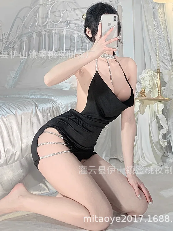 Diversão transparente novo pescoço picante pendurado corrente secretário uniforme sexy abertura lateral oco para fora cama roupa interior apaixonada vestido dk6j